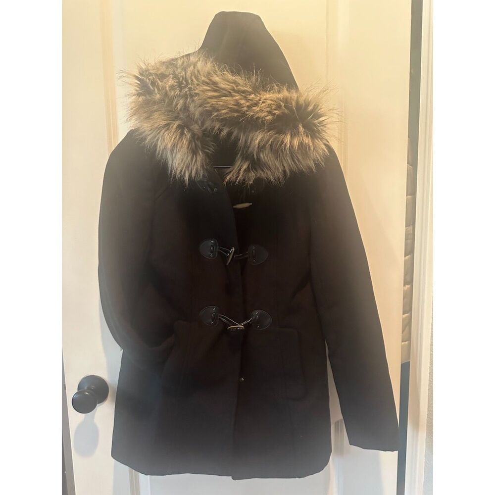 Forever 21 Black Hooded with Faux Fur Button Down Coat Size Medium